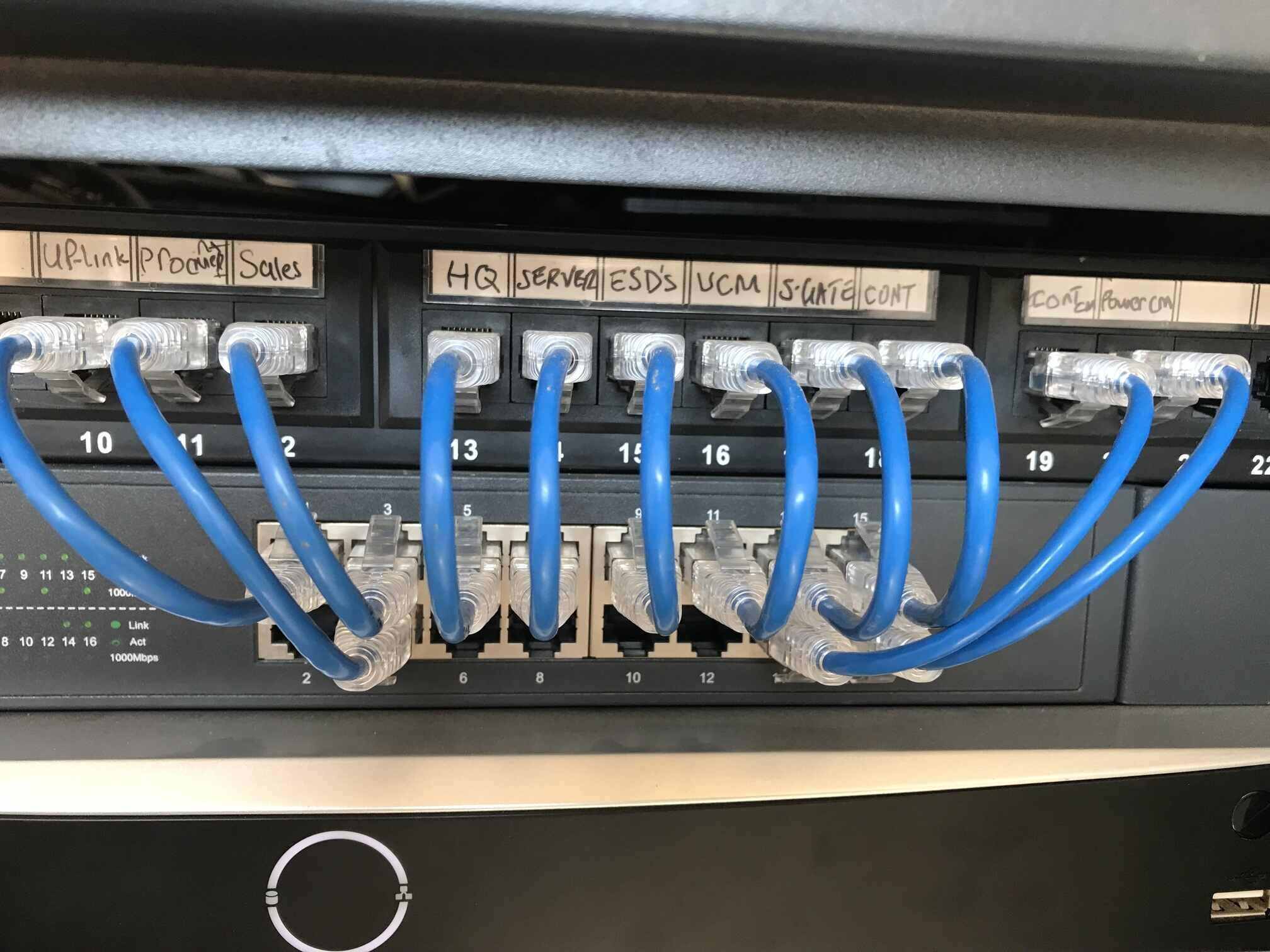 Close-up of a network switch's Ethernet ports
